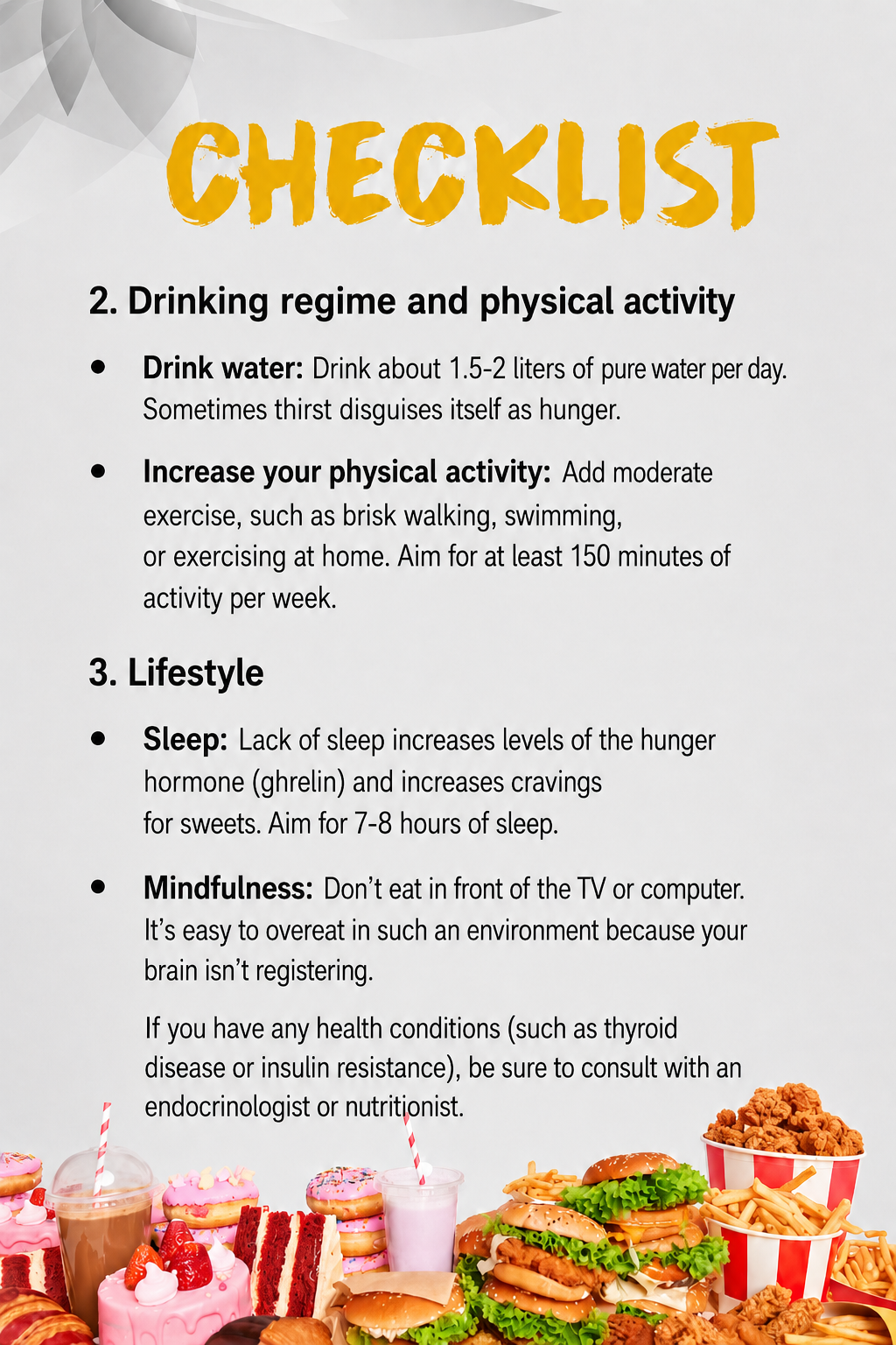 Checklist drinking regime and lifestyle page
